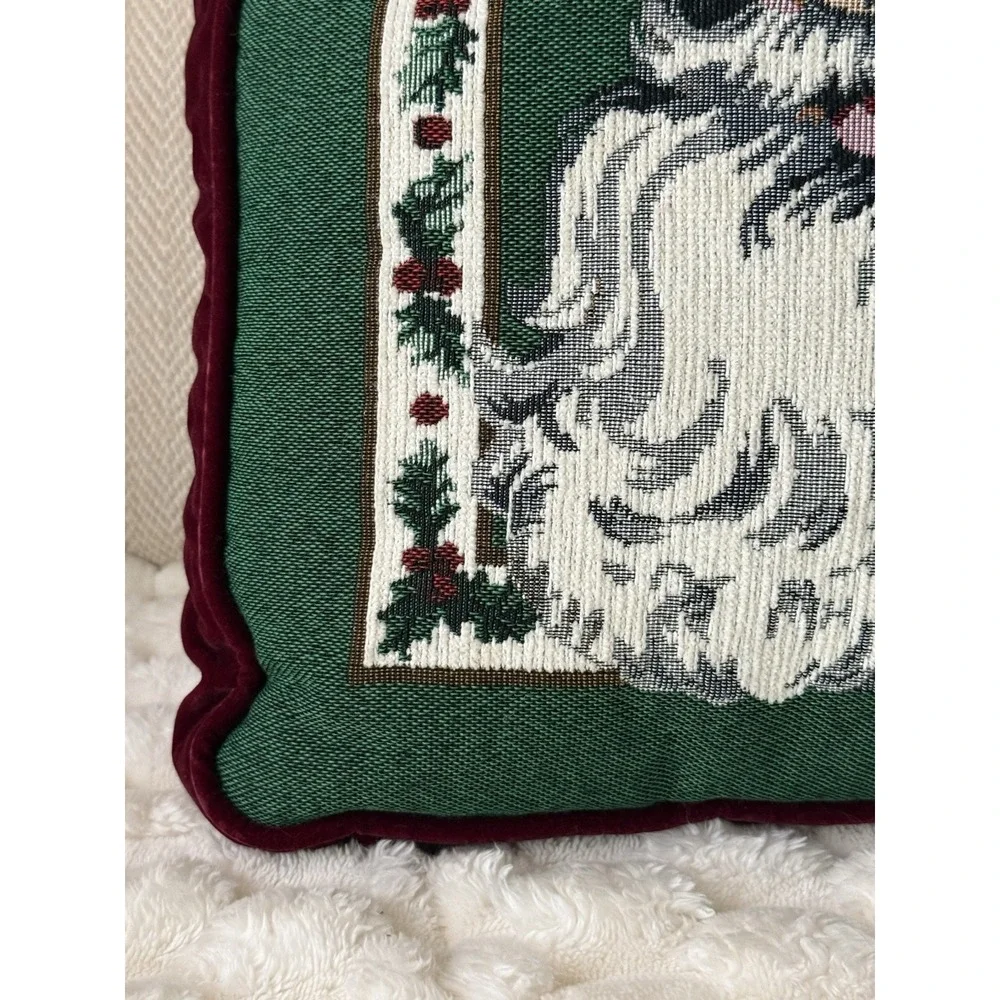 Vintage Christmas Santa Tapestry Throw Pillow With Burgundy‎ Velvet Back 16x18